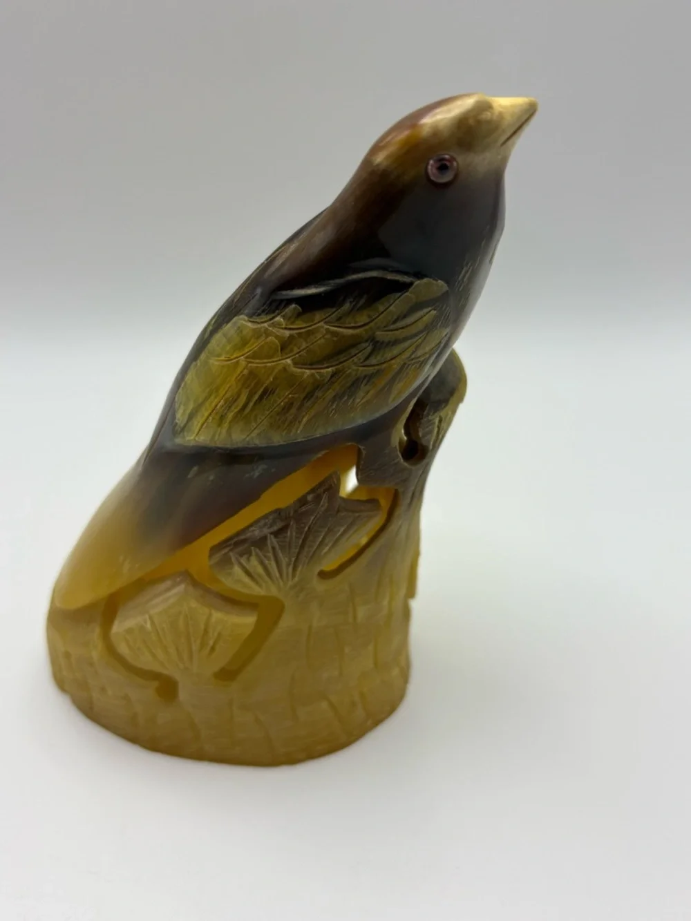 Vintage Hand-Carved Buffalo Horn Bird Figurine Mid Century Era Songbird Decor
